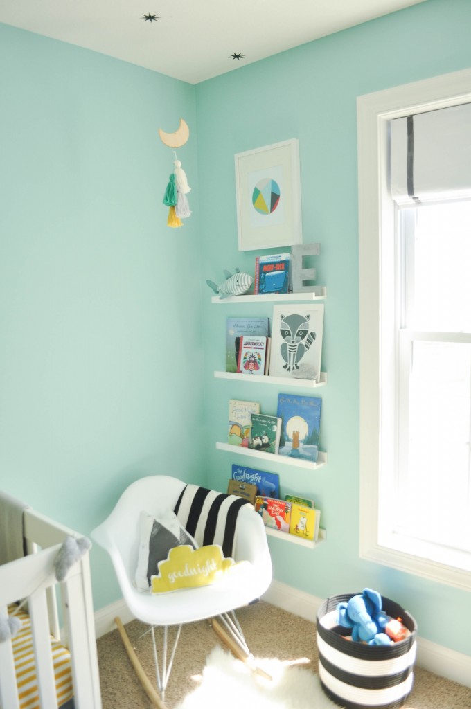 pale blue walls kids floating bookshelves