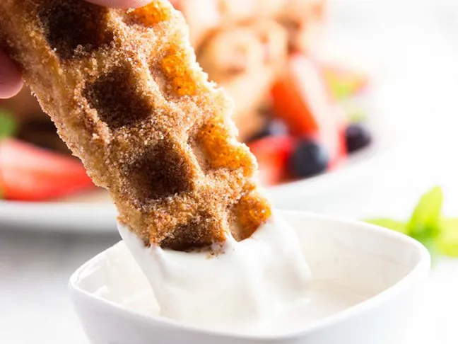 cinnamon waffle stick in dipping sauce