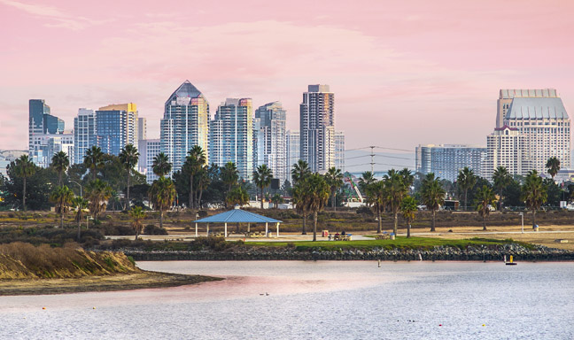 Mission Beach Sunset and View of Downtown, San Diego California