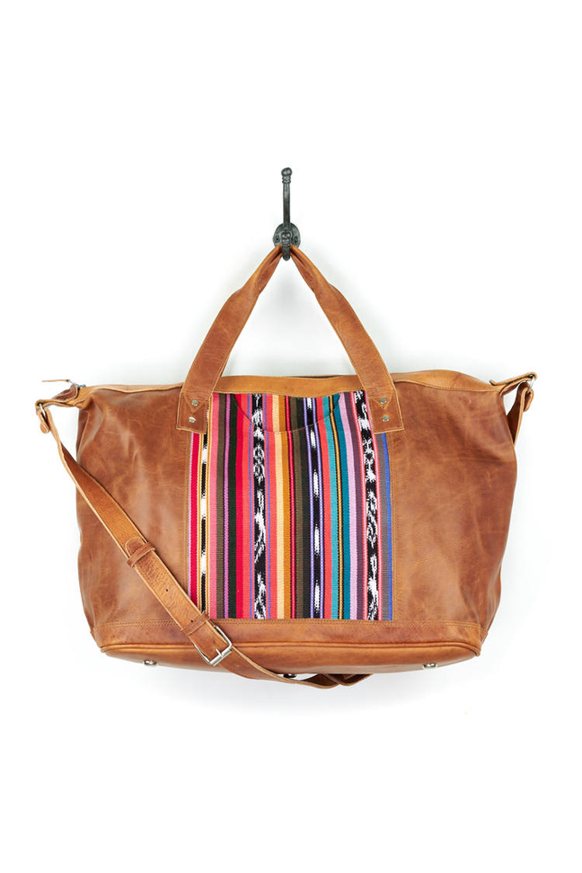 leather and fabric weekender bag