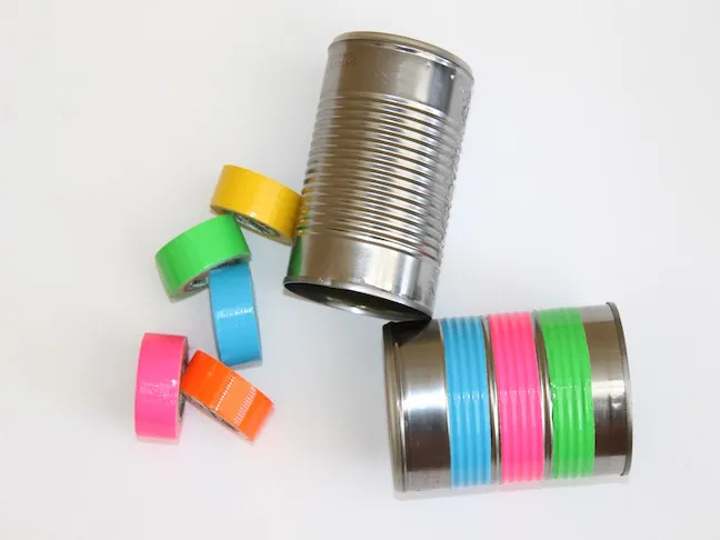tin cans with bright duct tape