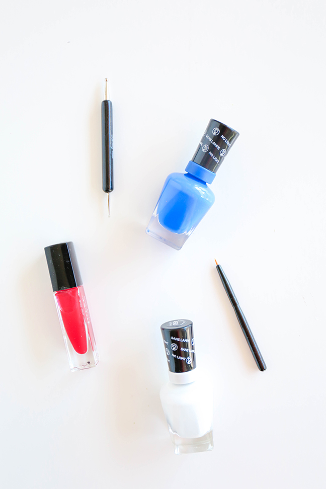 supplies for a red, white, and blue manicure