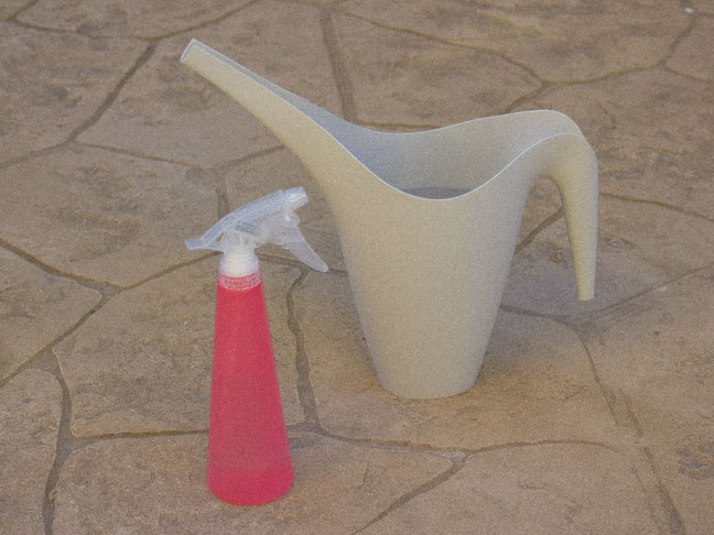 watering can and pink spray bottle