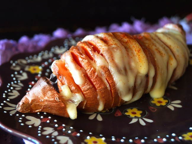 sweet potato cheese on purple plate