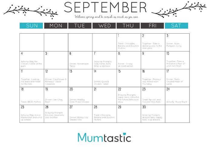 September 2016 Calendar for Mums -- Mumtastic
