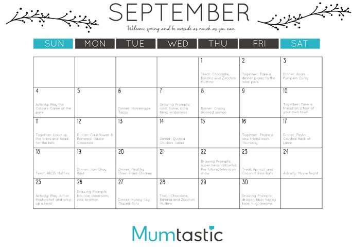 September 2016 Calendar for Mums -- Mumtastic