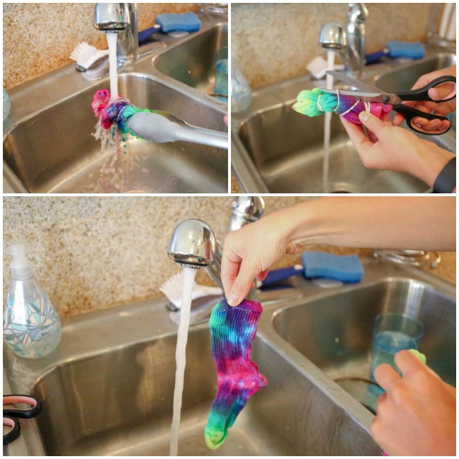 rinsing tie dyed socks in kitchen sink