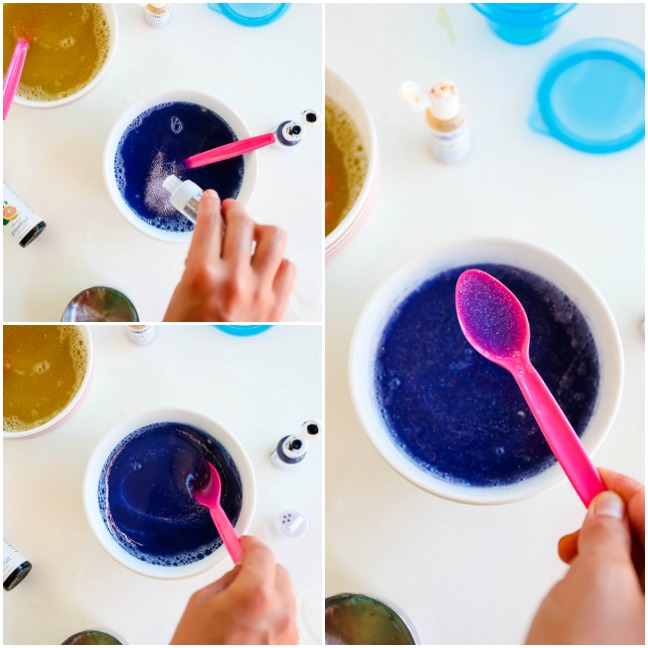adding glitter to purple liquid mixture