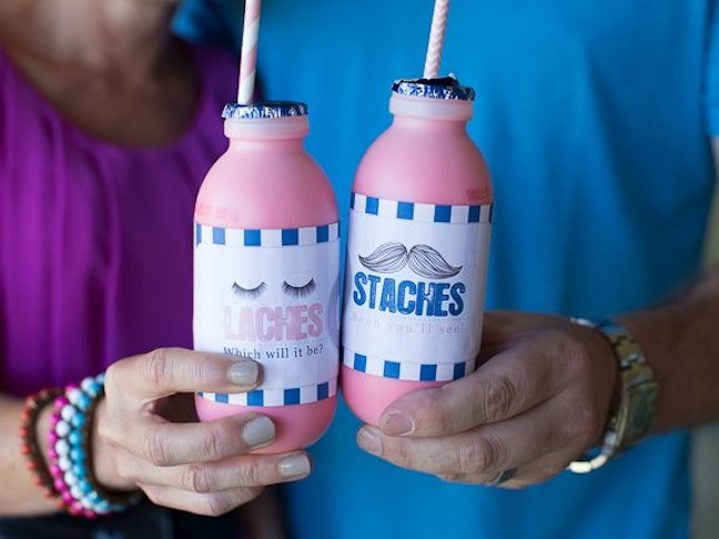 gender-reveal-baby-shower-pink-blue-staches-lashes-custom-milk-labels