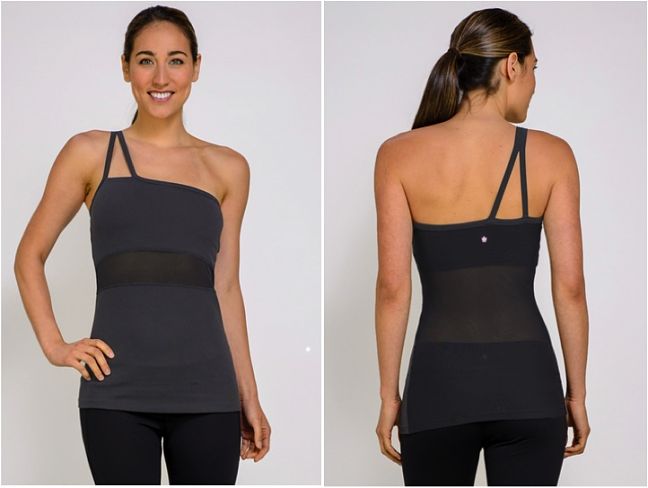one shoulder black workout top with mesh midriff