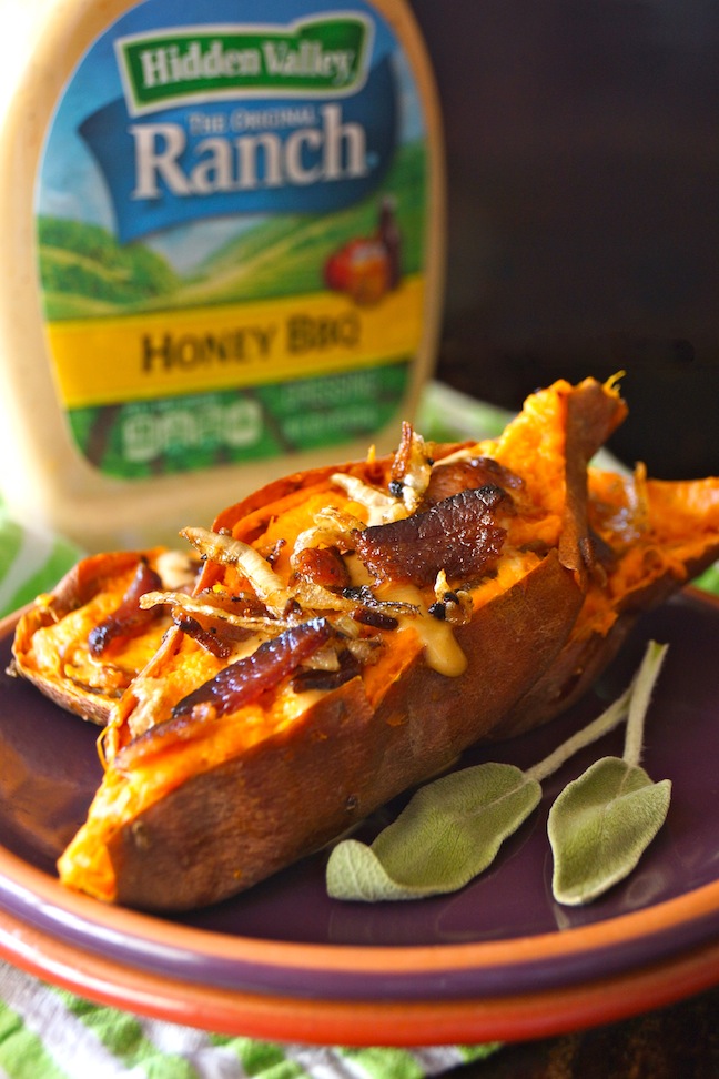 baked sweet potatoes with bacon and honey bbq ranch dressing