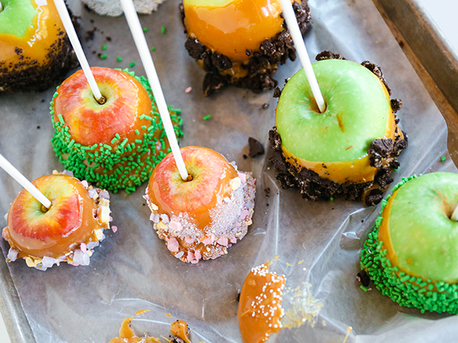 caramel apples dipped in colorful candies