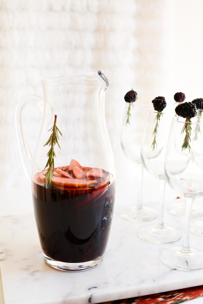 red wine sangria wine glasses with blackberry garnish