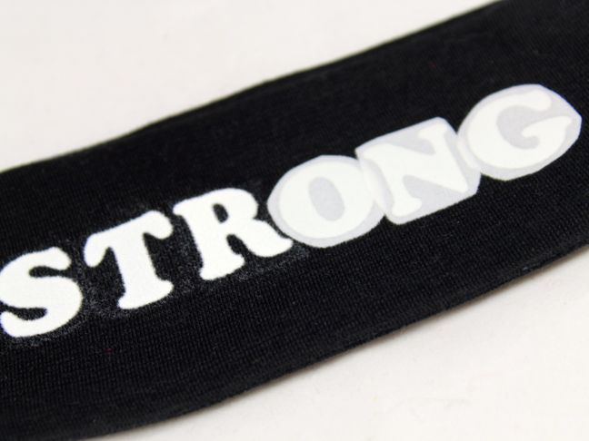 strong black headband white letters