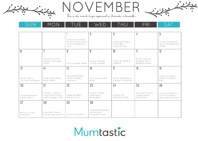 November 2016 Mumtastic Calendar for Mums