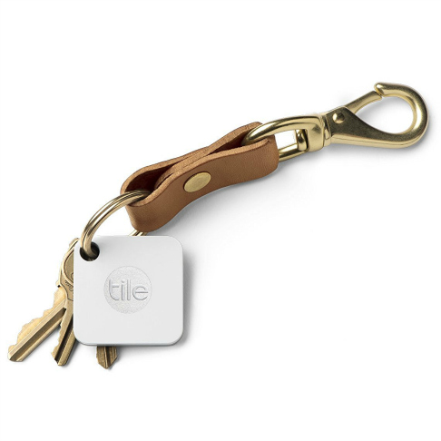 Tile tracking tag on leather key ring