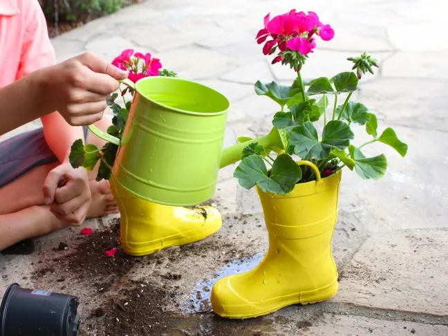 green-watering-can-watering-a-flower-inside-yellow-diy-rain-boot-planter