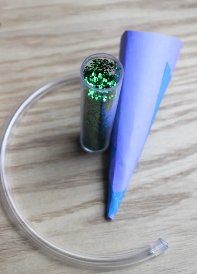 plastic tubing paper funnel green glitter