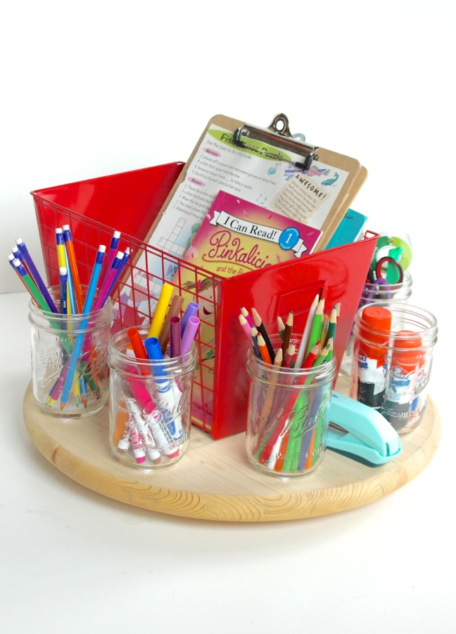 school-supplies-organized-in-mason-jars-on-a-wood-round-lazy-susan