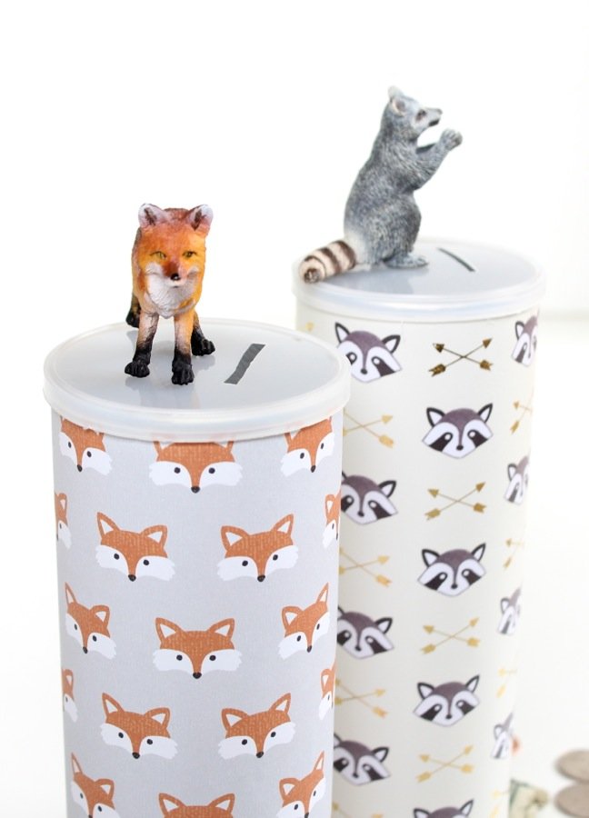 fox-and-raccoons-on-a-diy-piggy-bank-for-kids