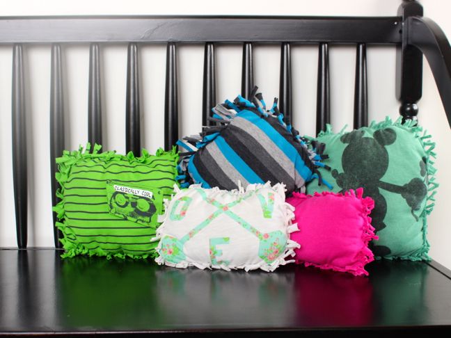pink-green-striped-diy-pillows-on-a-bench