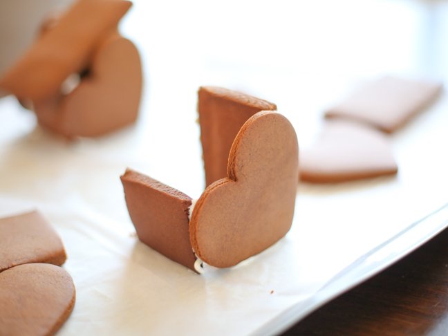 Half-assembled gingerbread house for Valentine's Day