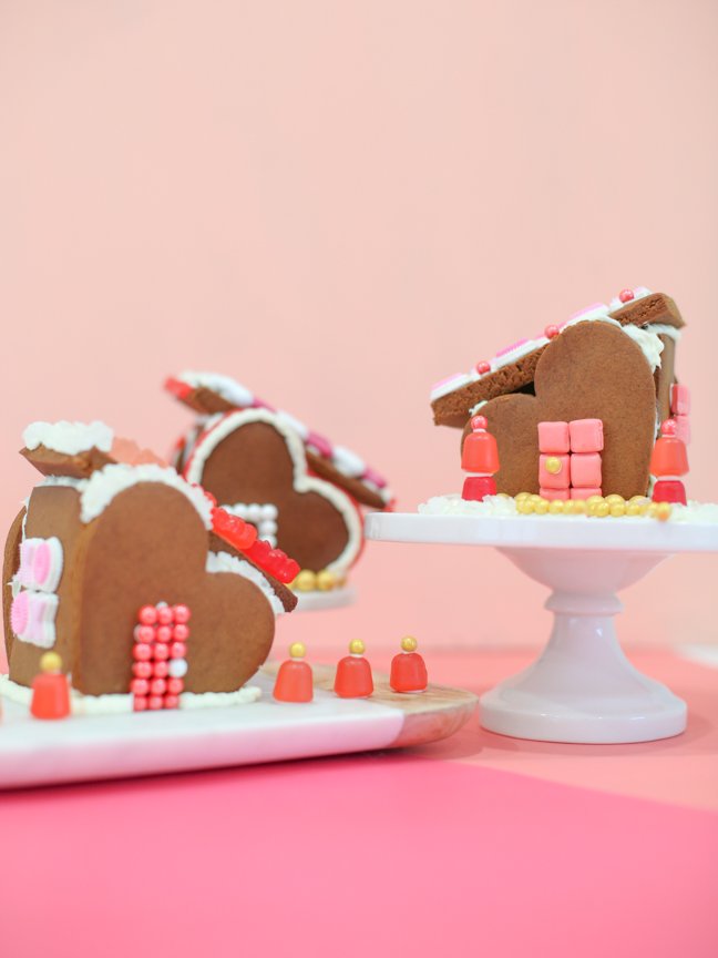 Three Valentine gingerbread houses