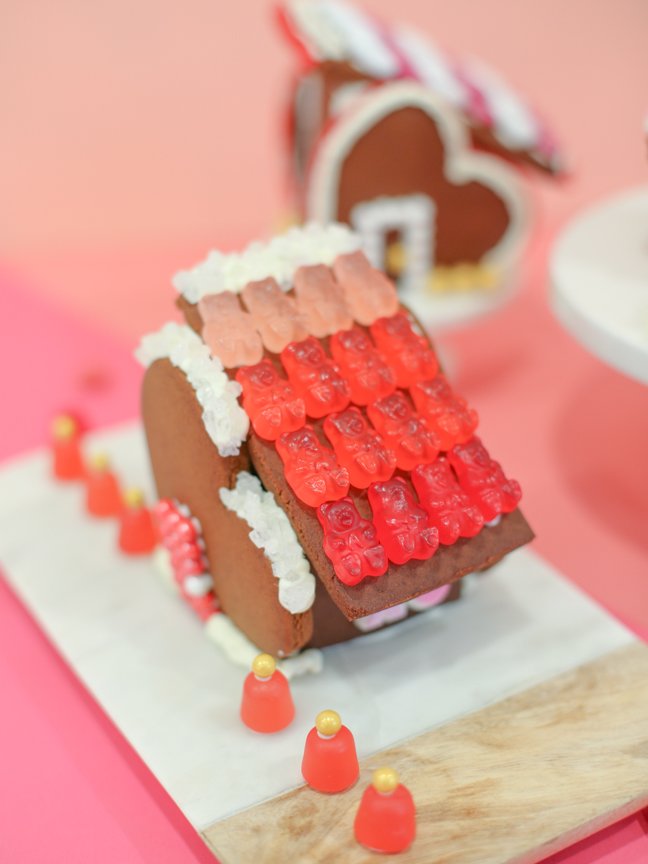 Valentine gingerbread house with gummy bear roof