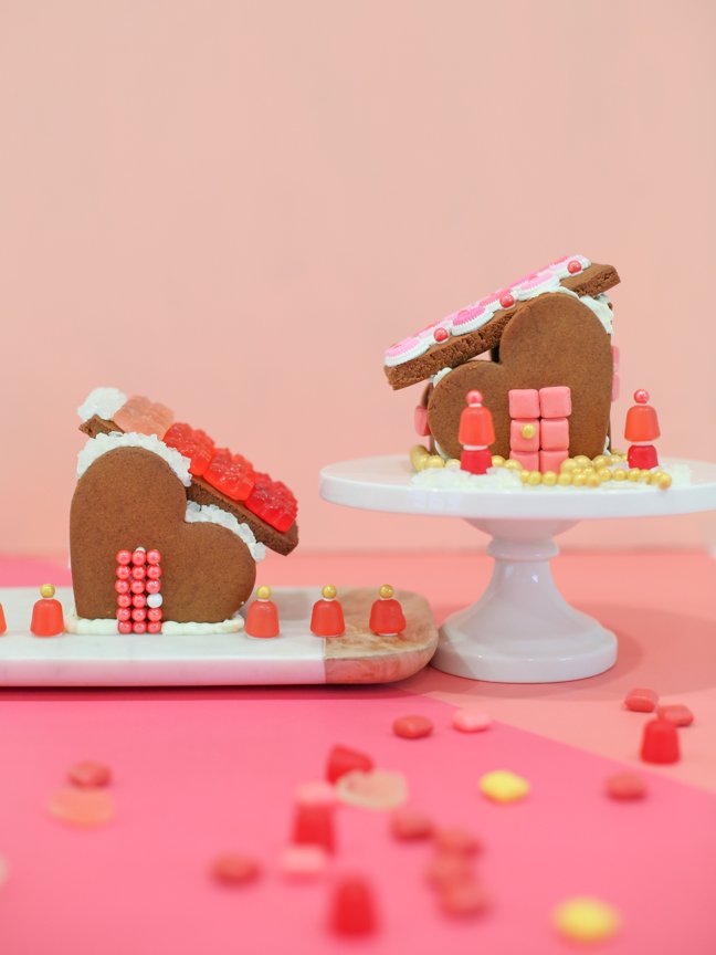 Two Valentine gingerbread houses
