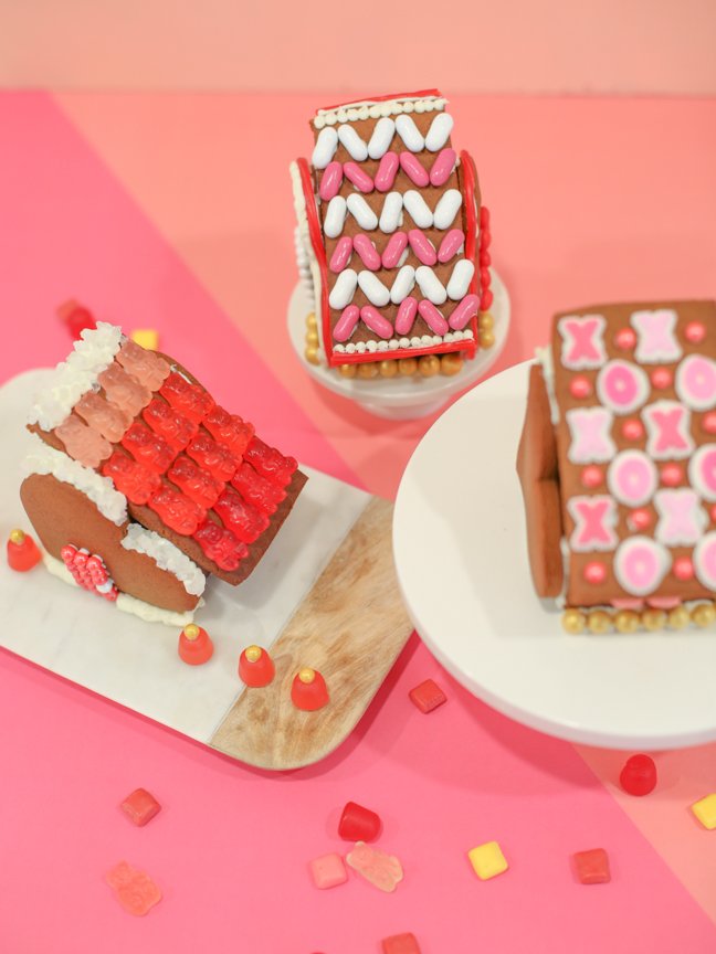 Three Valentine gingerbread houses
