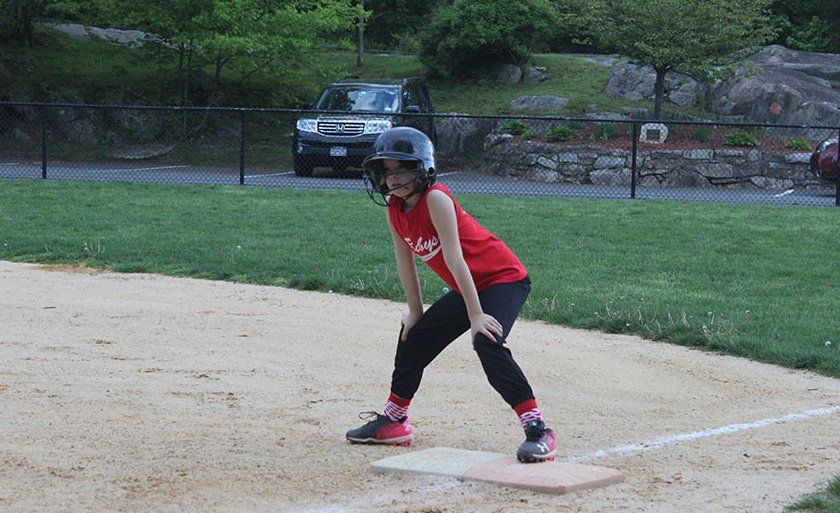 Juliet in baseball crouch