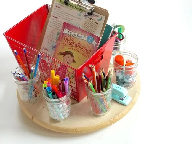 school-supplies-organized-in-mason-jars-on-a-wood-round-lazy-susan