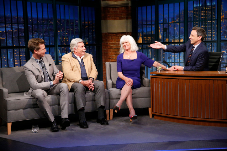 Josh Meyers, Larry Meyers, and Hilary Meyers during an interview with host Seth Meyers