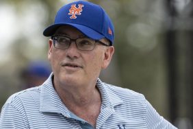 New York Mets owner Steve Cohen watches his team during a spring training workout, in Port St. Lucie, Florida, on February 19, 2023.