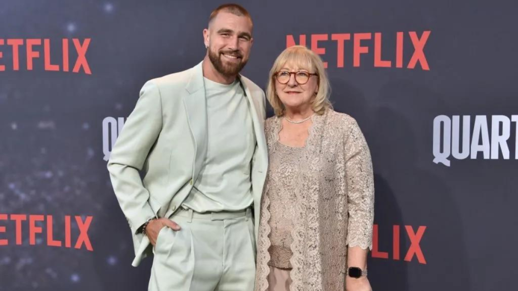 Kansas City Chief's football tight end Travis Kelce (L) and his mom Donna Kelce arrive for the premiere of Netflix's docuseries "Quarterback" at the Tudum Theatre in Los Angeles, on July 11, 2023.