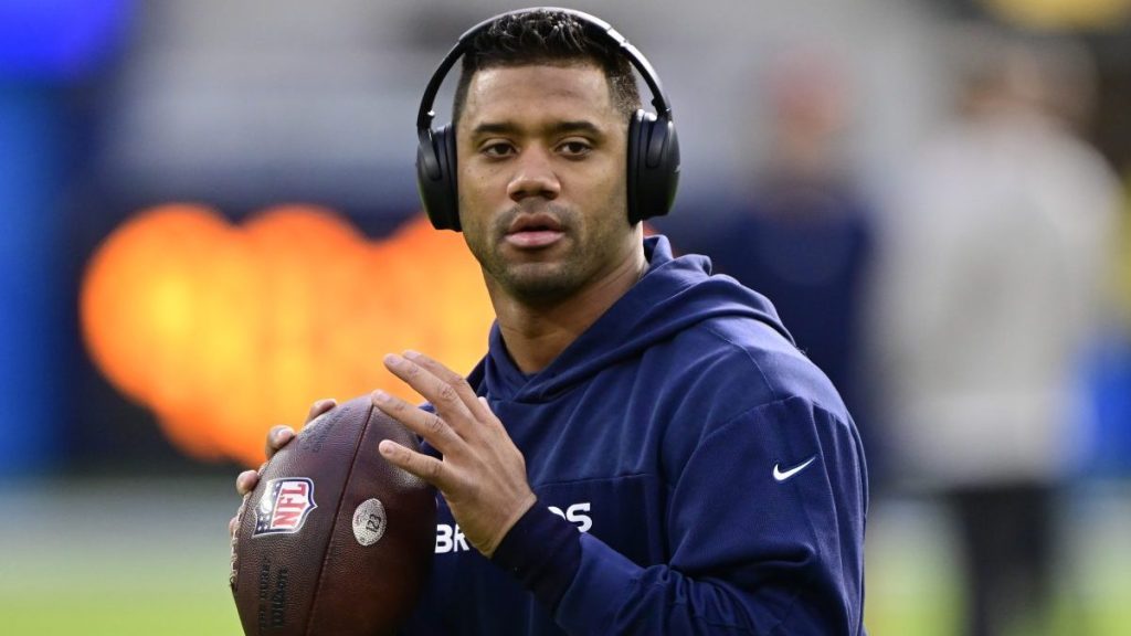 Denver Broncos quarterback Russell Wilson (3) during warmups before playing the Los Angeles Chargers at SoFi Stadium in Inglewood, California Sunday December 10, 2023.