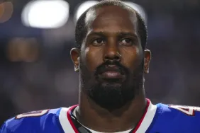 Von Miller #40 of the Buffalo Bills looks on from the sideline prior to an NFL football game against the Tampa Bay Buccaneers at Highmark Stadium on October 26, 2023 in Orchard Park, New York.