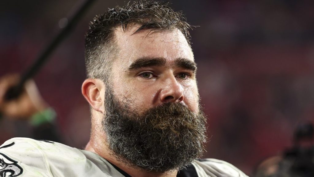 Jason Kelce #62 of the Philadelphia Eagles looks on after an NFL wild-card playoff football game against the Tampa Bay Buccaneers at Raymond James Stadium on January 15, 2024 in Tampa, Florida