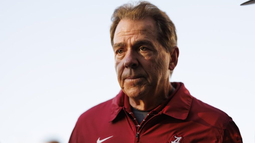 Head coach Nick Saban of the Alabama Crimson Tide runs off the field at halftime during the CFP Semifinal Rose Bowl Game against the Michigan Wolverines at Rose Bowl Stadium on January 1, 2024 in Pasadena, California.