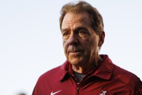 Head coach Nick Saban of the Alabama Crimson Tide runs off the field at halftime during the CFP Semifinal Rose Bowl Game against the Michigan Wolverines at Rose Bowl Stadium on January 1, 2024 in Pasadena, California.