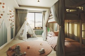 Stylish Scandinavian style children's room with bunk bed, wooden toys and tent.