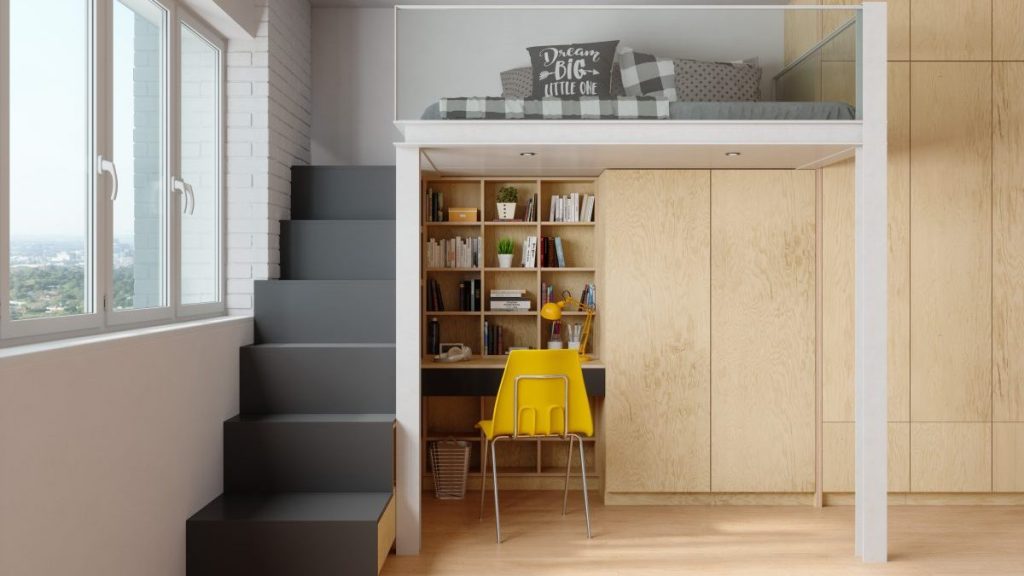 Modern Teen Room With Bunkbed, Study Desk, Bookshelf And Wooden Cabinet