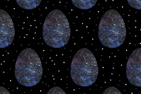 Seamless pattern, backgrounds, textures of colored abstract galaxy Easter eggs.