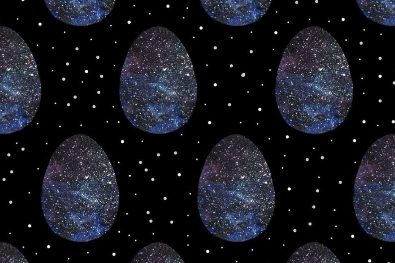 Seamless pattern, backgrounds, textures of colored abstract galaxy Easter eggs.