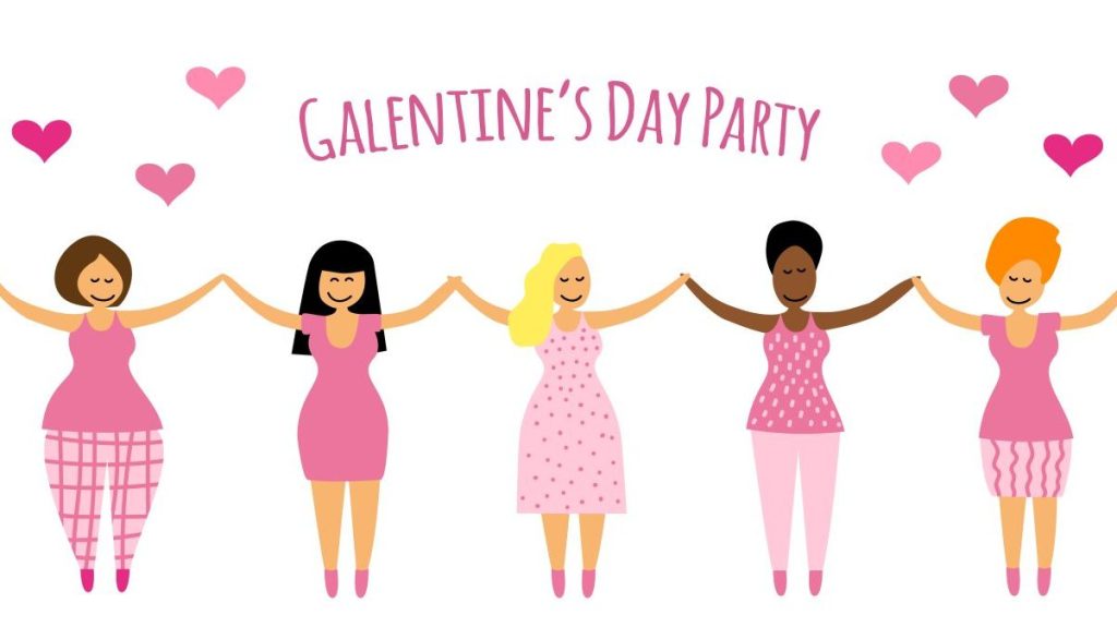 Galentine's Day Party banner with hand-drawn smiling girlfriends