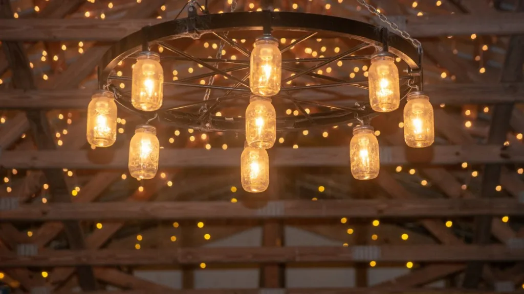 Amazing wagon wheel lamp with mason jar scavos hanging from wood beam barn ceiling