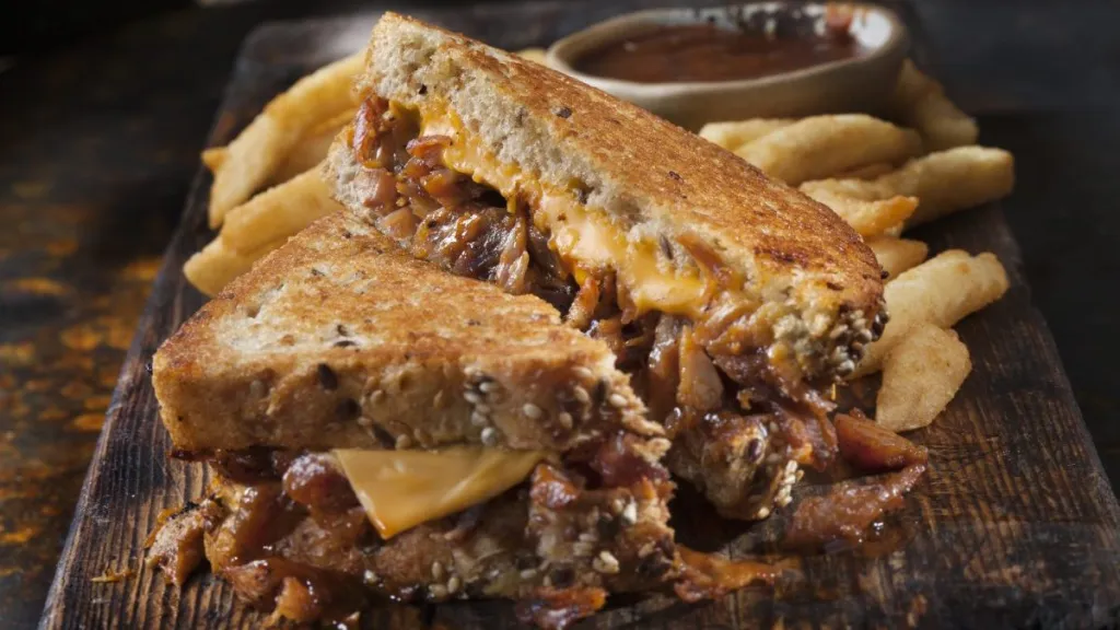 Pulled Pork Grilled Cheese Sandwich with Fries