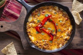 Queso Fundido with Chorizo in a Cast Iron Skillet for Super Bowl party