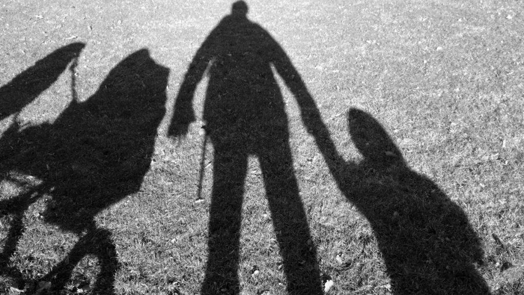 Shadow on lawn of a father, a small child and a baby carriage.