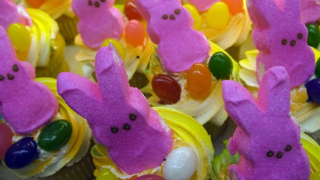 Cupcakes topped off with Just Born Quality Confections' Peeps in a supermarket in New York